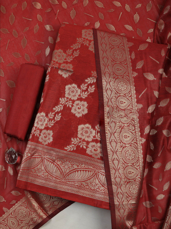Maroon Chanderi Woven Design Unstitched Dress Material