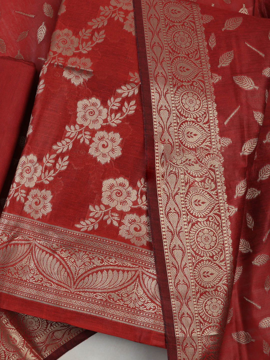 Maroon Chanderi Woven Design Unstitched Dress Material