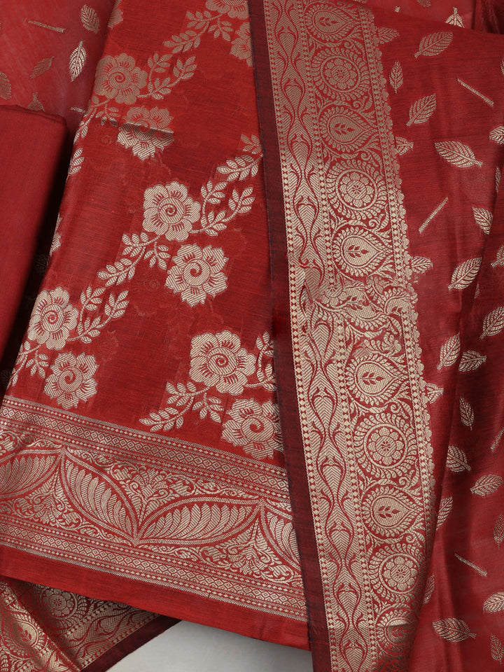 Maroon Chanderi Woven Design Unstitched Dress Material