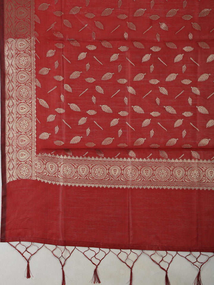 Maroon Chanderi Woven Design Unstitched Dress Material