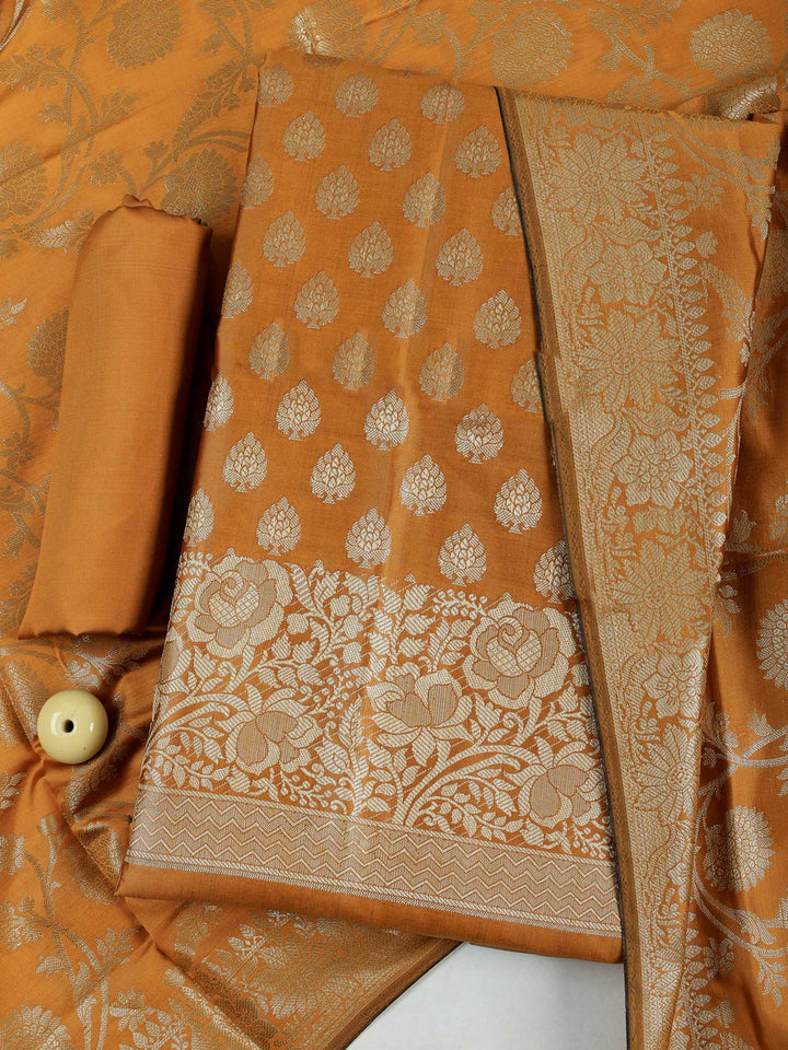 Mustard Chanderi Woven Banarasi Unstitched Dress Material