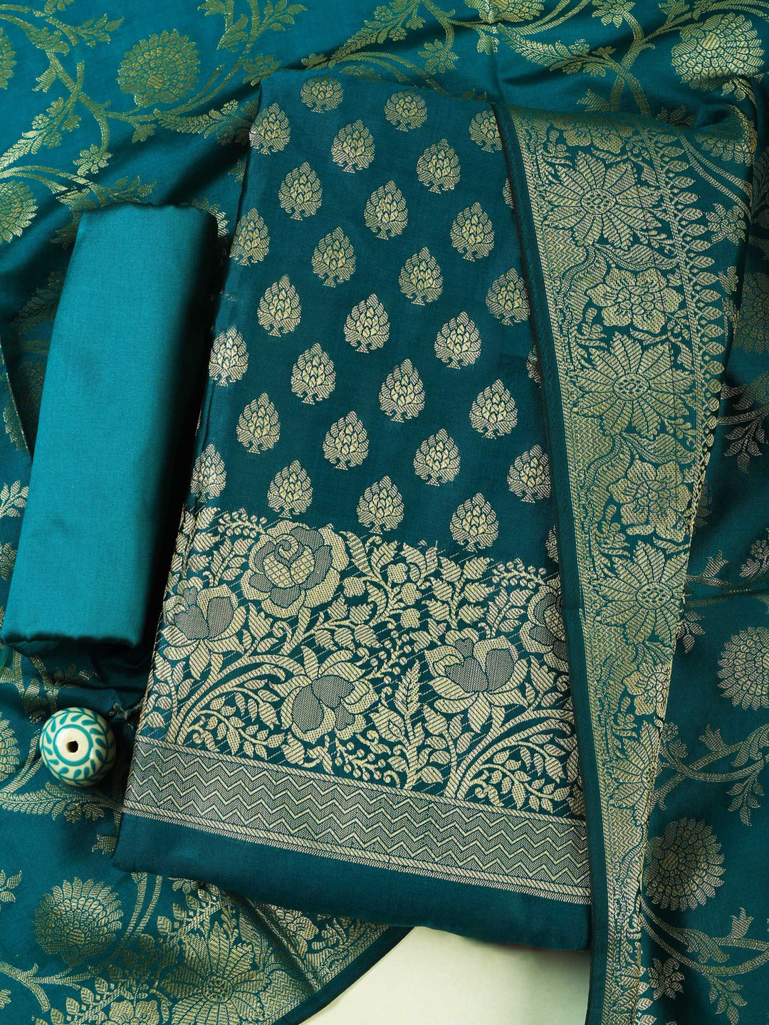 Rama Green Chanderi Woven Banarasi Unstitched Dress Material