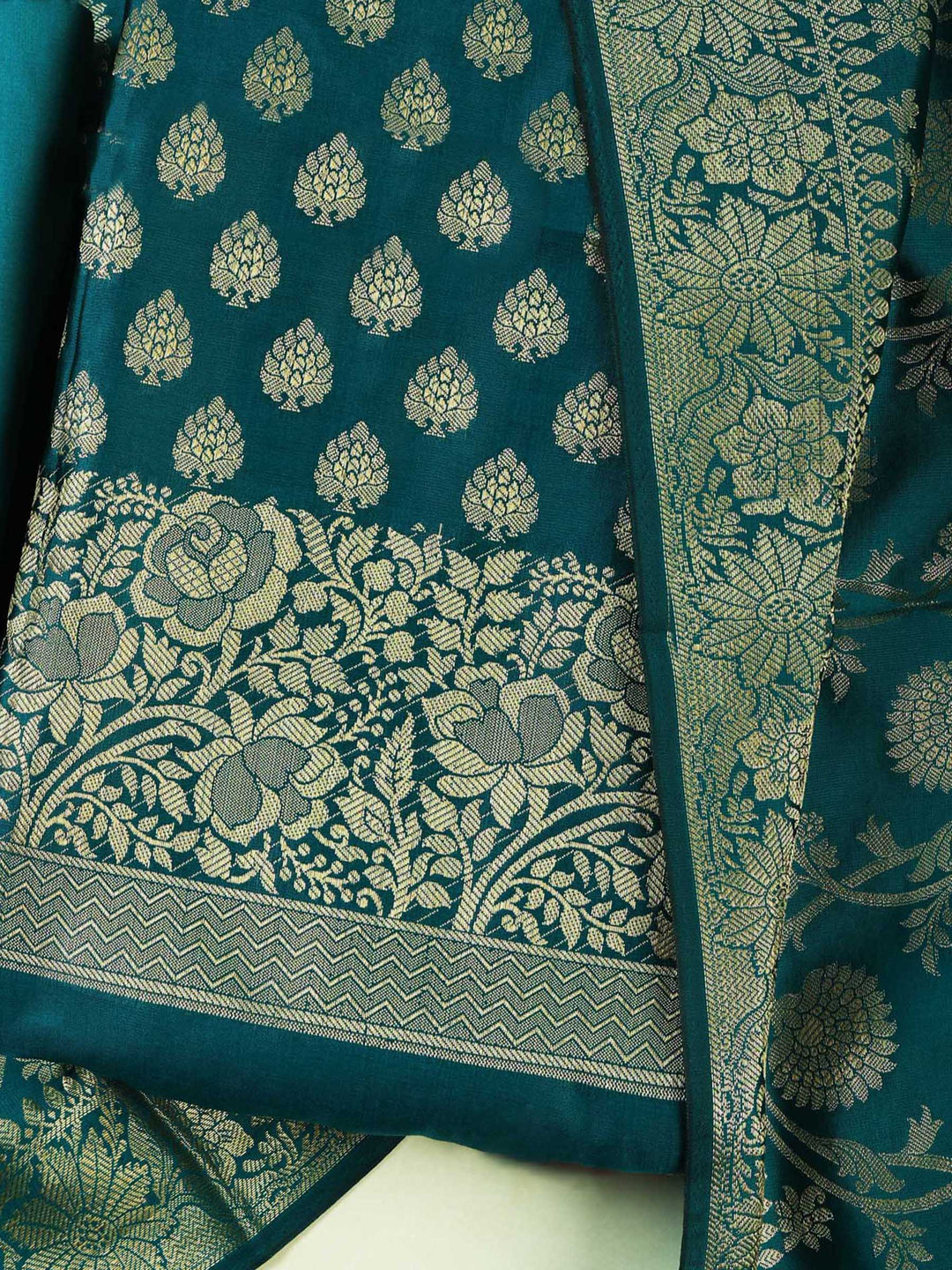 Rama Green Chanderi Woven Banarasi Unstitched Dress Material