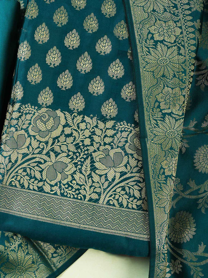 Rama Green Chanderi Woven Banarasi Unstitched Dress Material
