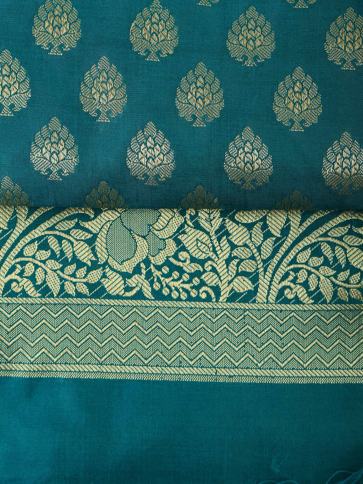 Rama Green Chanderi Woven Banarasi Unstitched Dress Material