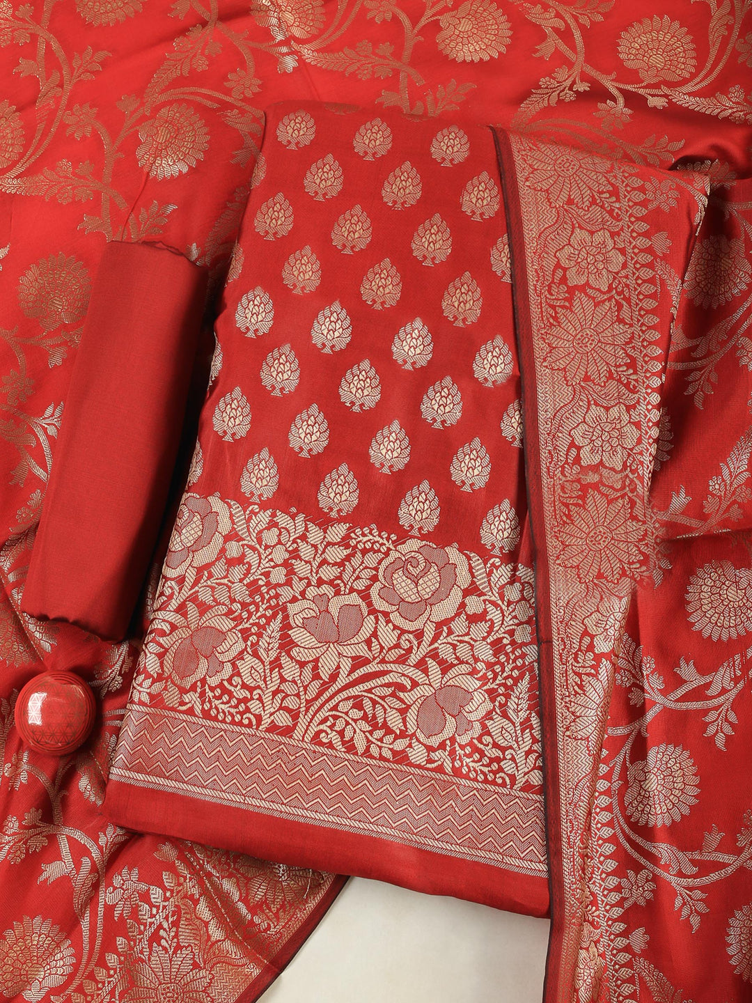Red Chanderi Woven Banarasi Unstitched Dress Material