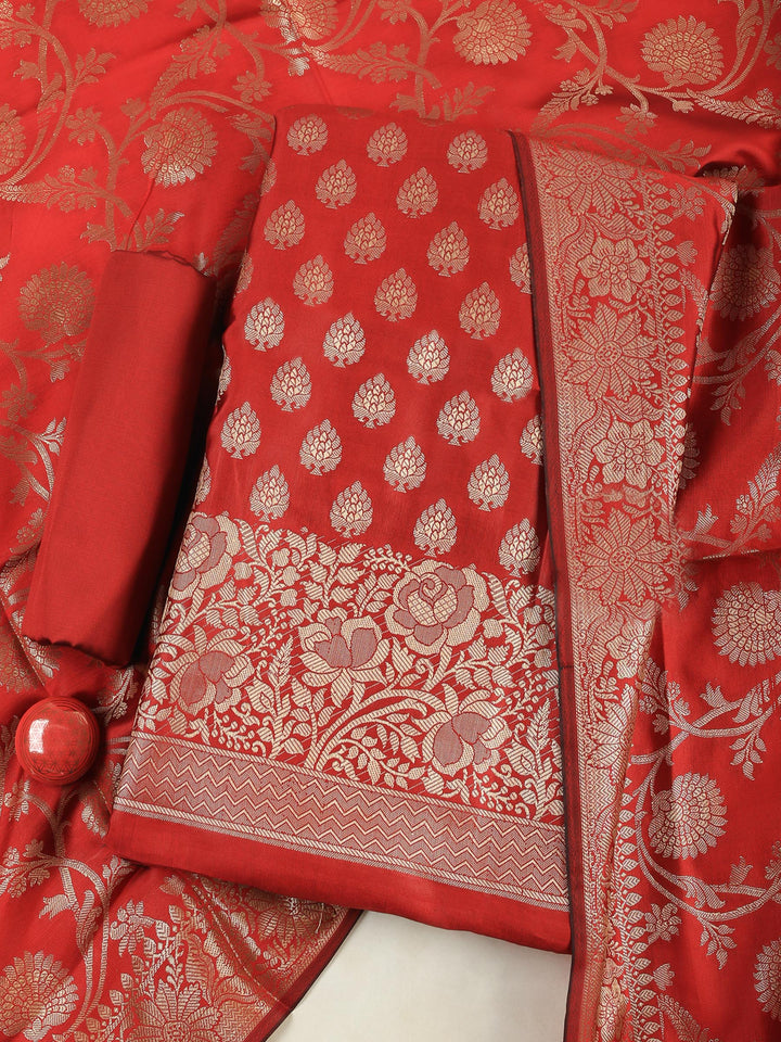 Red Chanderi Woven Banarasi Unstitched Dress Material