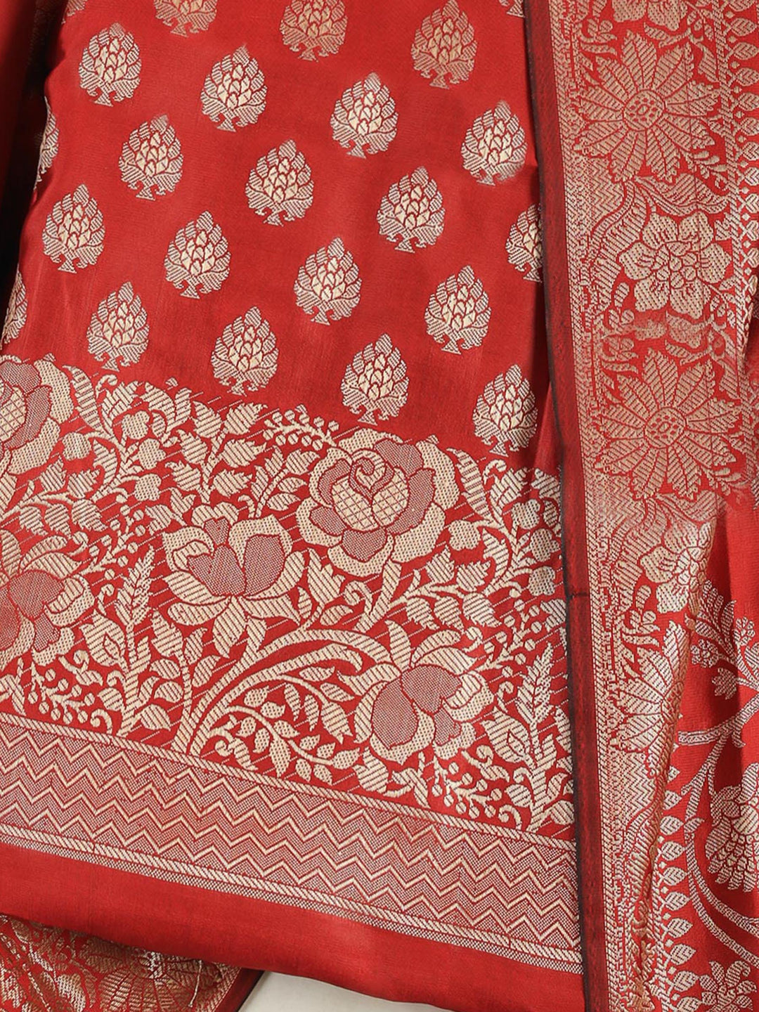 Red Chanderi Woven Banarasi Unstitched Dress Material