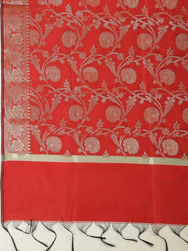 Red Chanderi Woven Banarasi Unstitched Dress Material