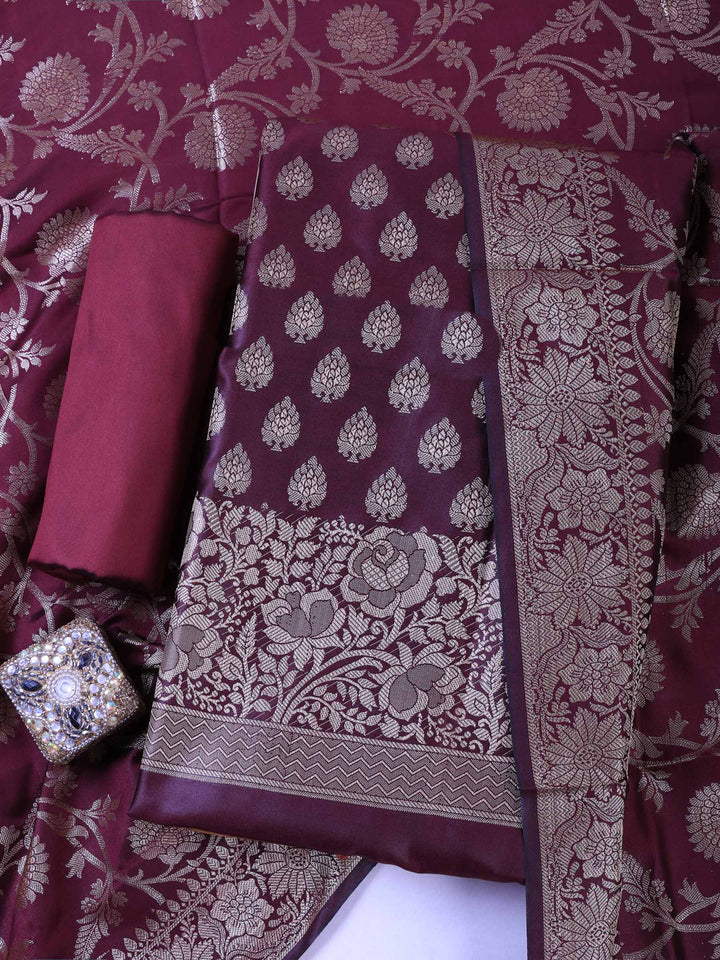 Wine Chanderi Woven Banarasi Unstitched Dress Material