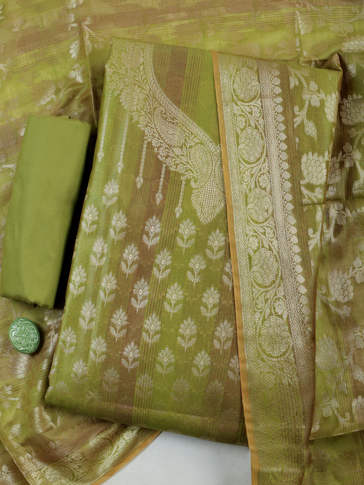 Pista Green Chanderi Woven Banarasi Unstitched Dress Material