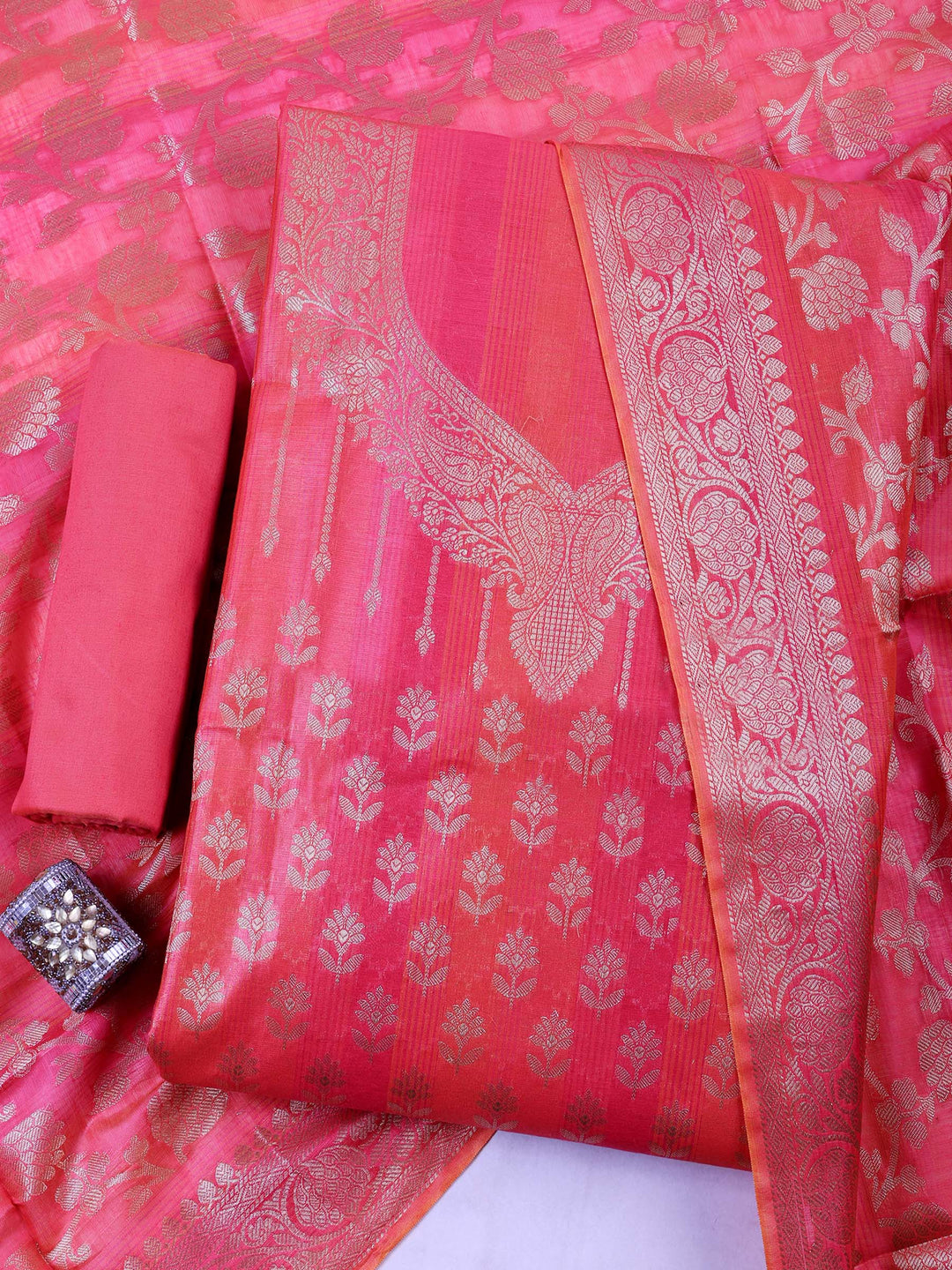 Rani Chanderi Woven Banarasi Unstitched Dress Material
