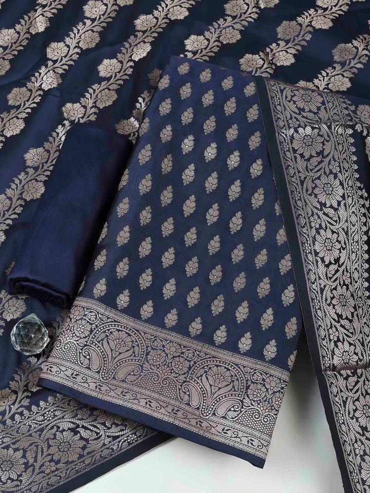 Navy Blue Chanderi Woven Design Unstitched Dress Material