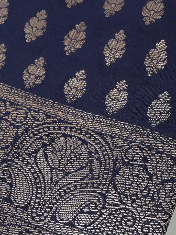 Navy Blue Chanderi Woven Design Unstitched Dress Material