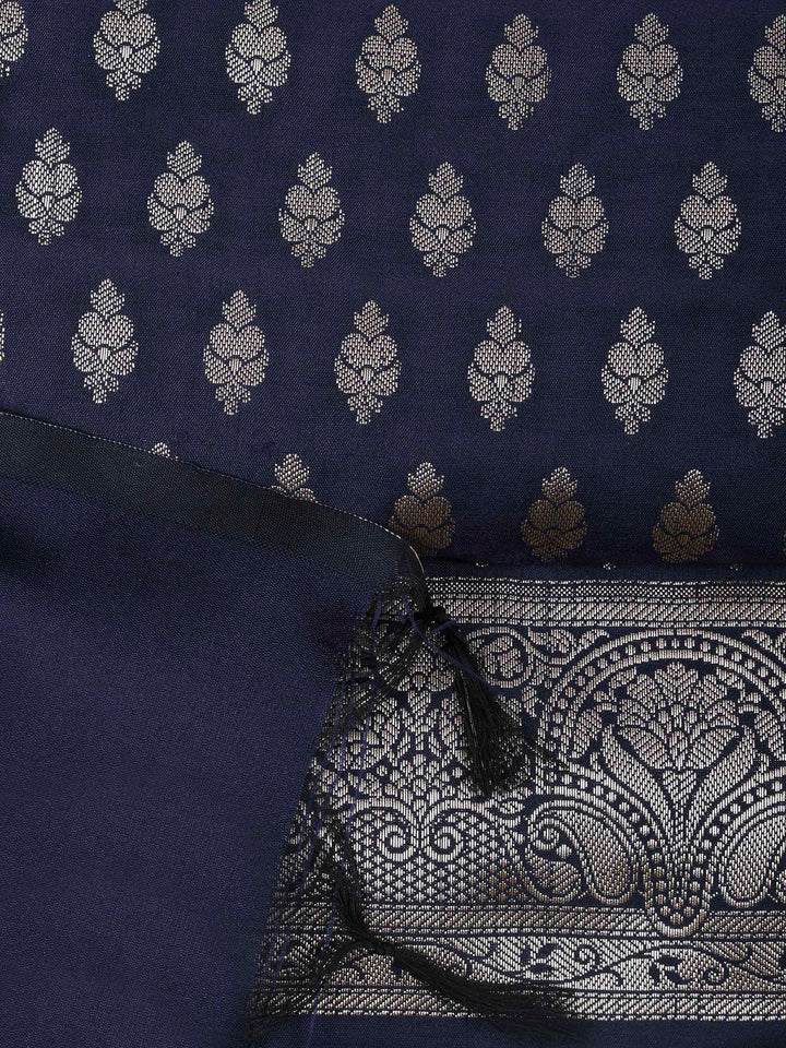 Navy Blue Chanderi Woven Design Unstitched Dress Material