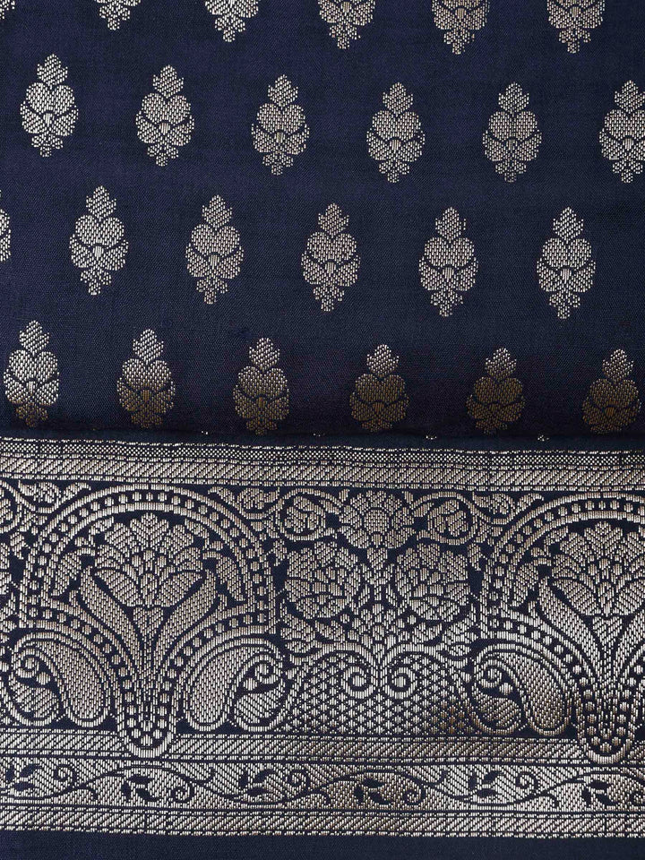 Navy Blue Chanderi Woven Design Unstitched Dress Material