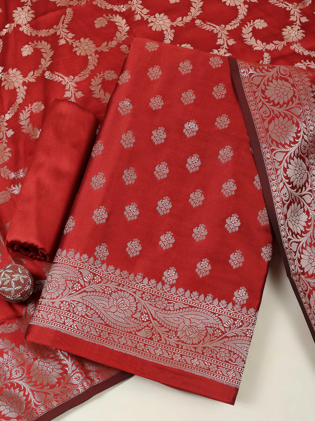 Maroon Chanderi Woven Design Unstitched Dress Material