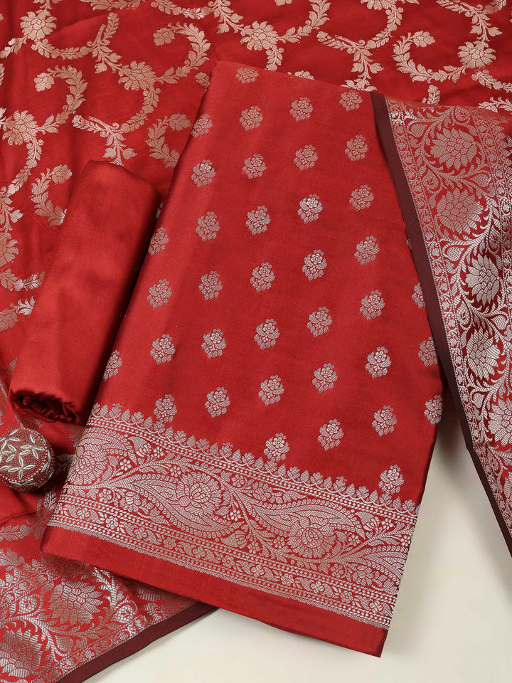Maroon Chanderi Woven Design Unstitched Dress Material