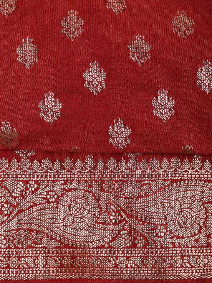Maroon Chanderi Woven Design Unstitched Dress Material