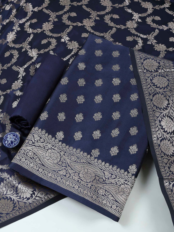 Navy Blue Chanderi Woven Design Unstitched Dress Material
