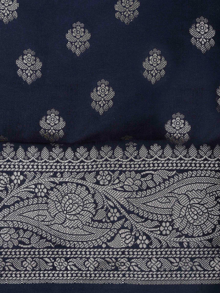 Navy Blue Chanderi Woven Design Unstitched Dress Material