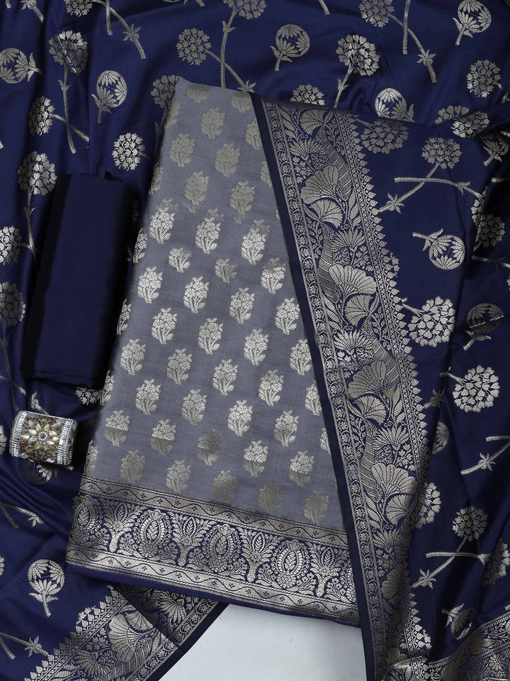 Grey Chanderi Woven Design Unstitched Dress Material