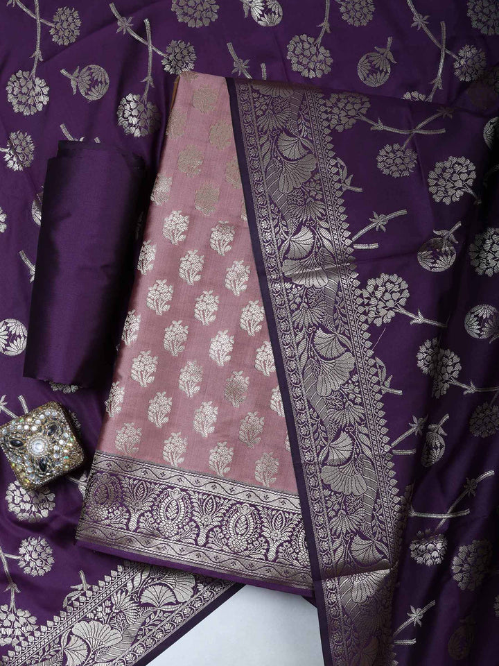 Onion Pink Chanderi Woven Design Unstitched Dress Material