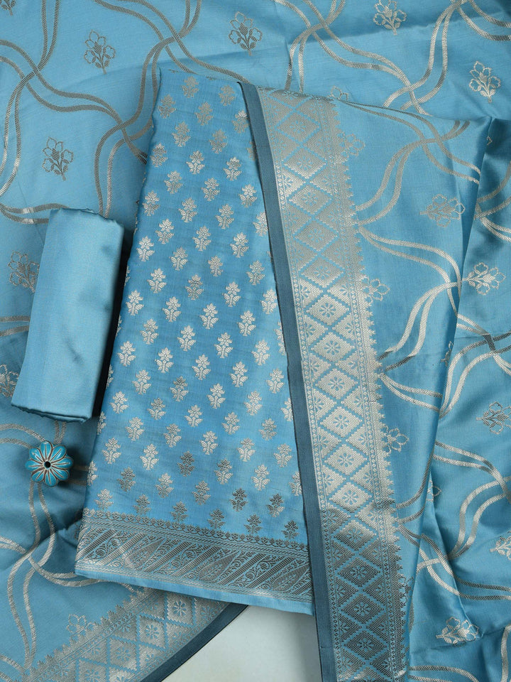Blue-Lt Chanderi Woven Design Unstitched Dress Material