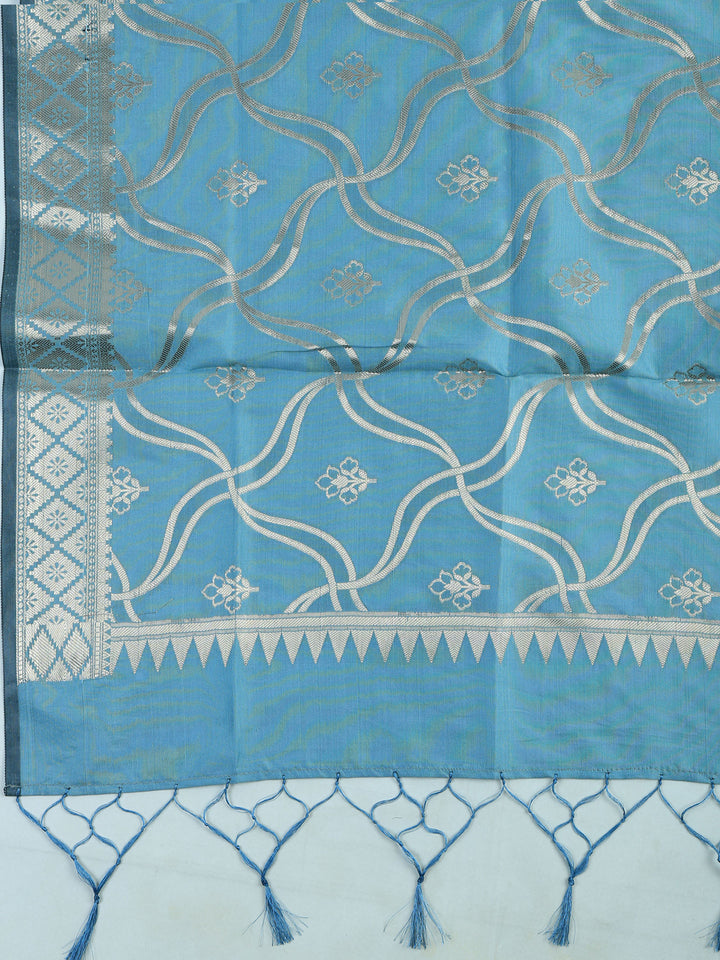 Blue-Lt Chanderi Woven Design Unstitched Dress Material