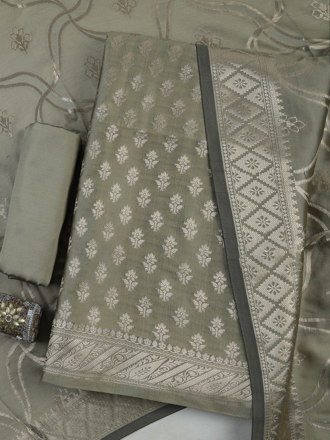Olive-Green Chanderi Woven Design Unstitched Dress Material