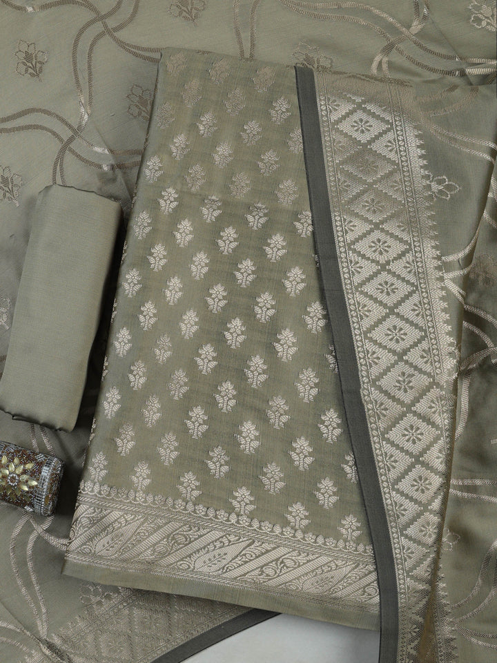 Olive-Green Chanderi Woven Design Unstitched Dress Material