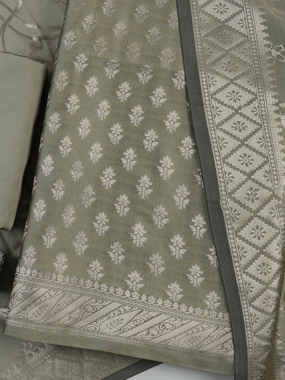 Olive-Green Chanderi Woven Design Unstitched Dress Material