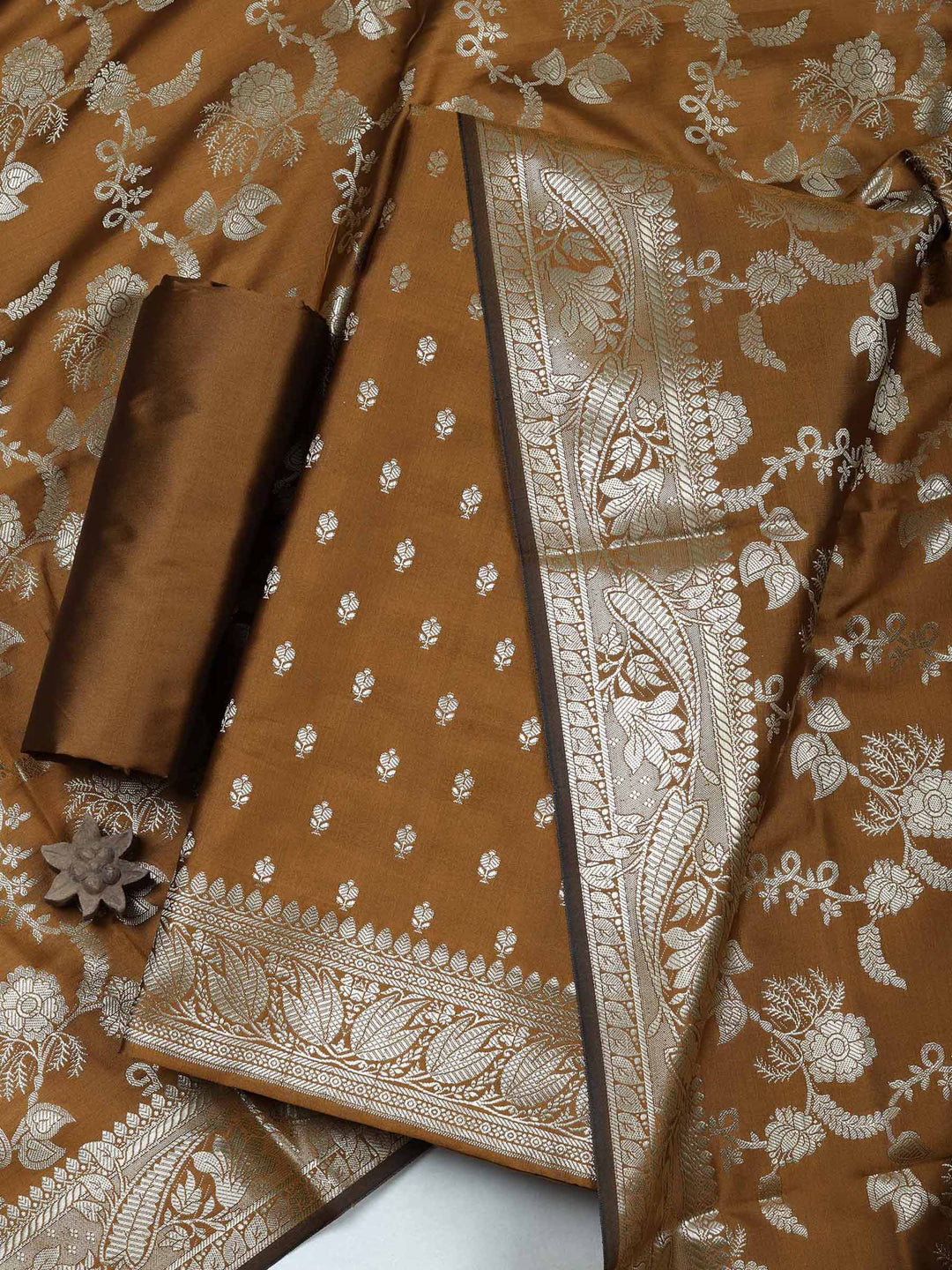 Brown Chanderi Woven Design Unstitched Dress Material