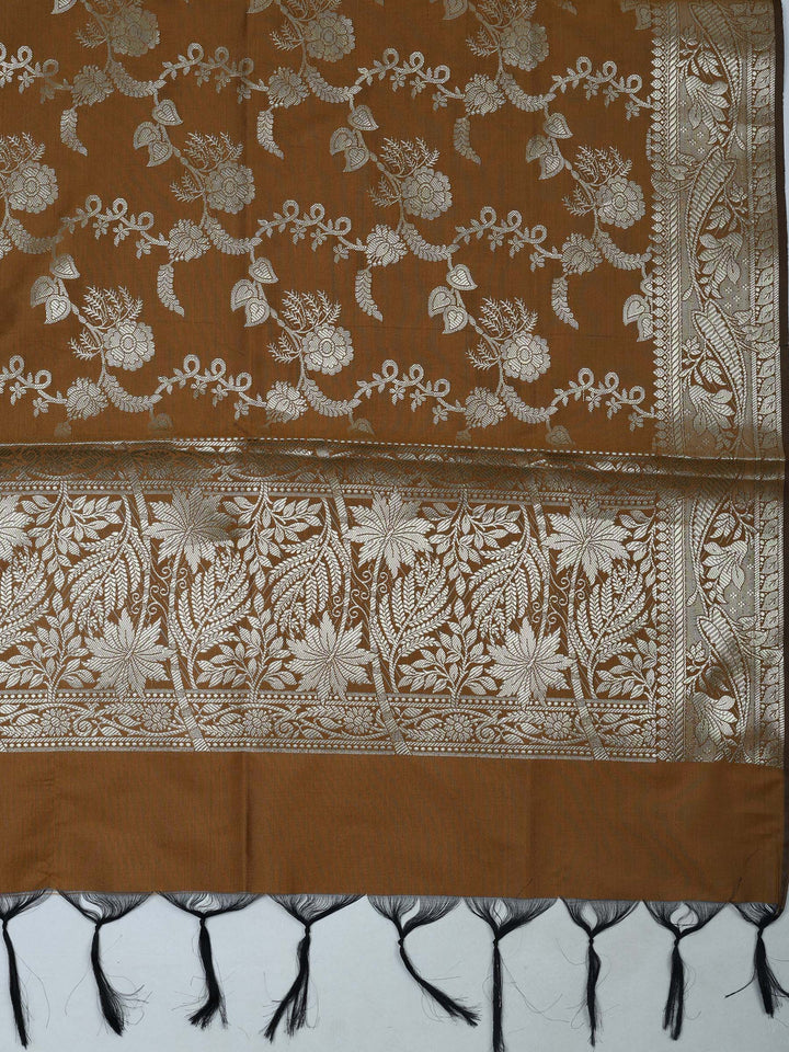 Brown Chanderi Woven Design Unstitched Dress Material