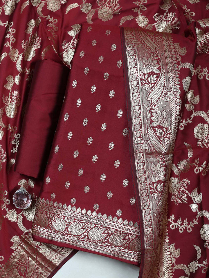 Burgundy Chanderi Woven Design Unstitched Dress Material