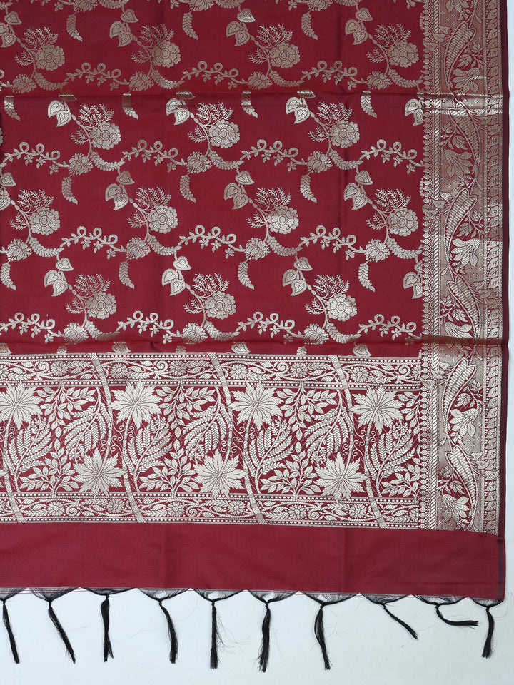 Burgundy Chanderi Woven Design Unstitched Dress Material