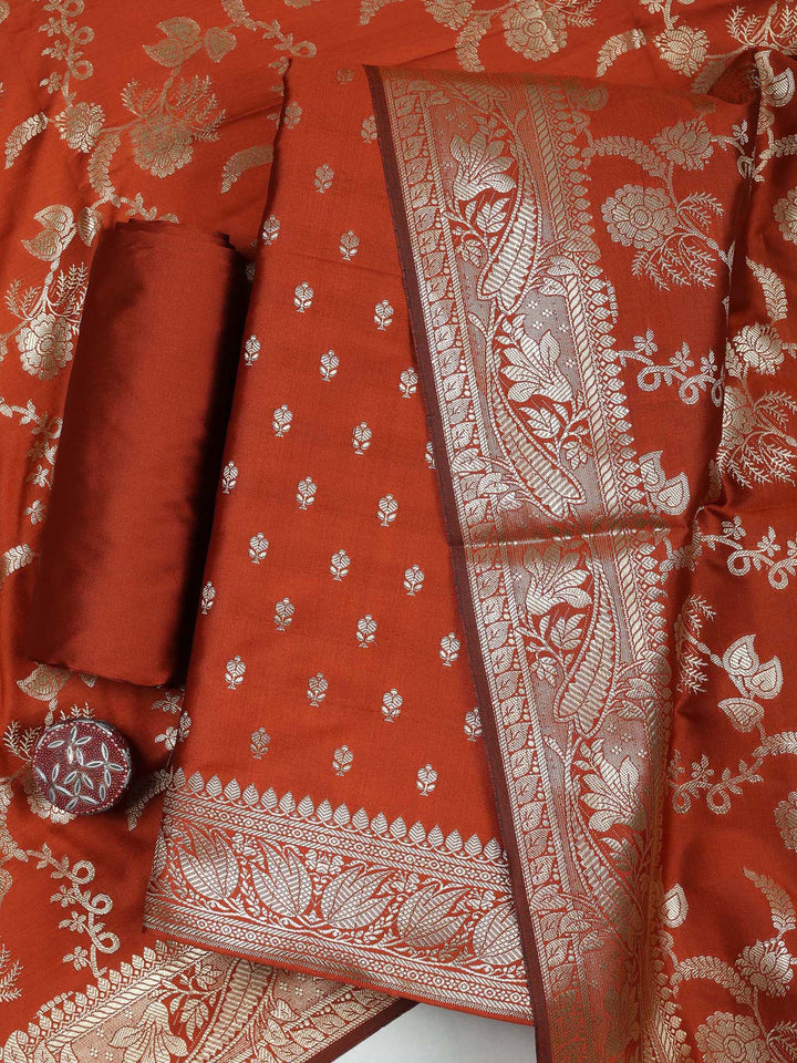 Rust Chanderi Woven Design Unstitched Dress Material