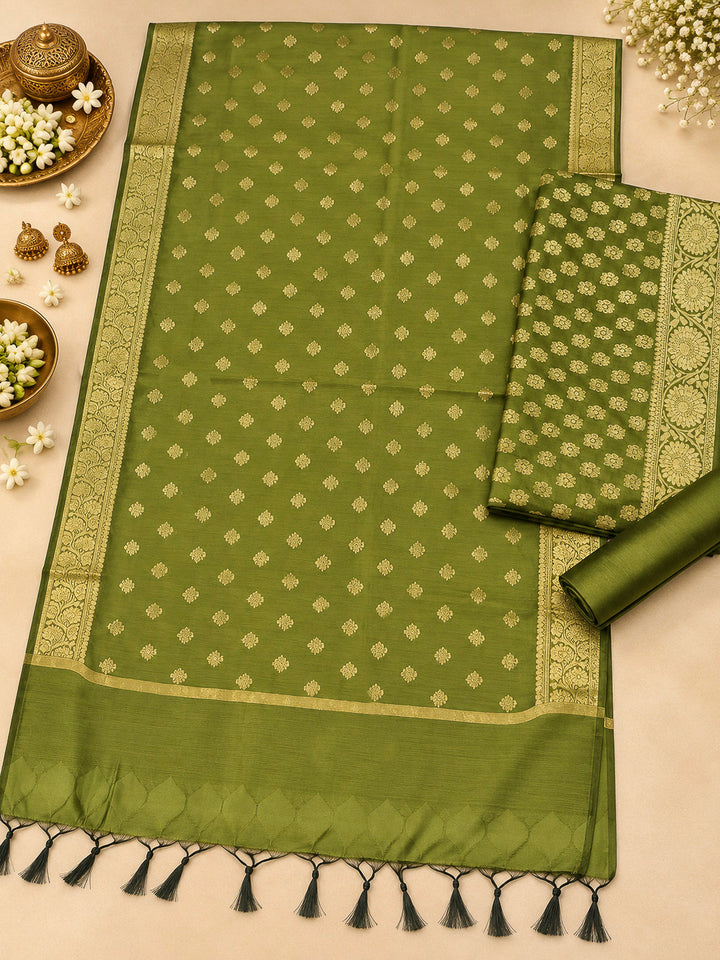 Mehndi Woven Design Banarasi Chanderi Unstitched Dress Material