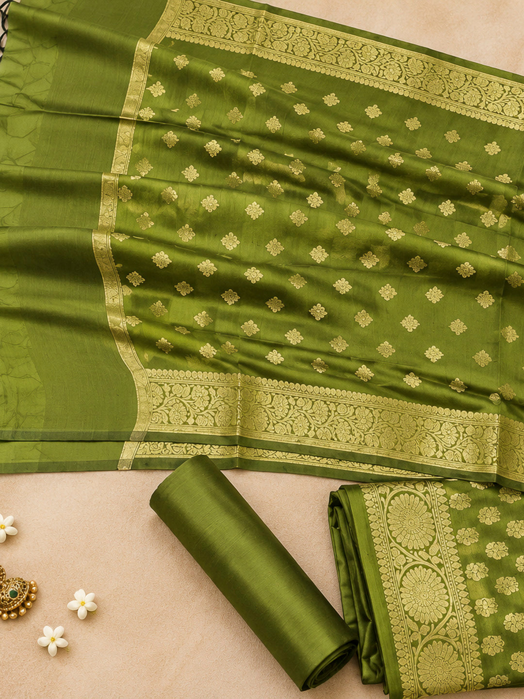 Mehndi Woven Design Banarasi Chanderi Unstitched Dress Material