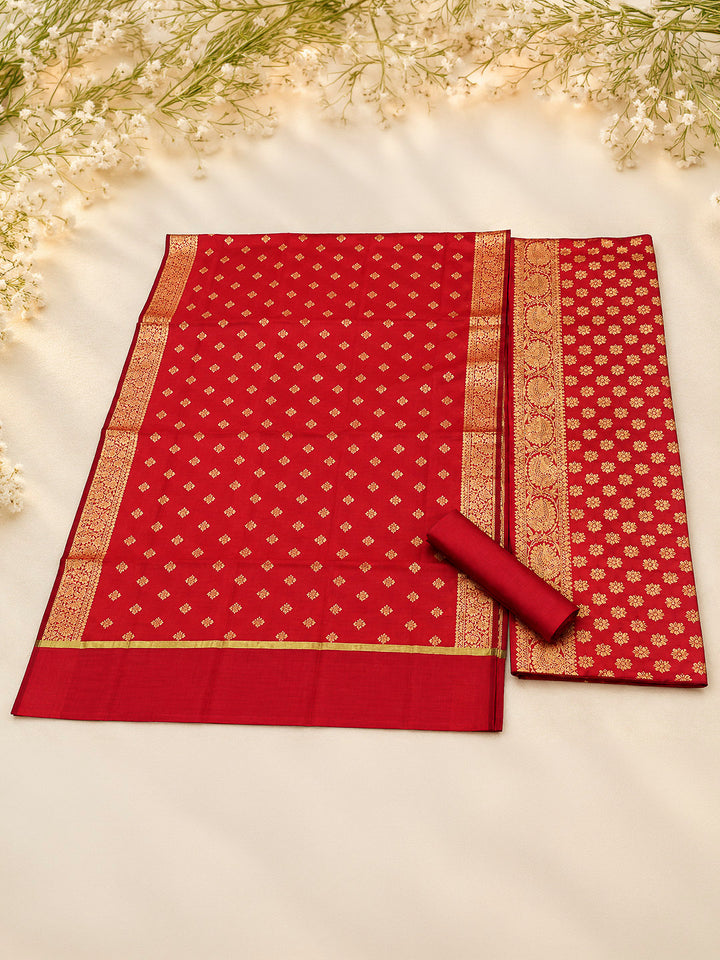 Red Woven Design Banarasi Chanderi Unstitched Dress Material