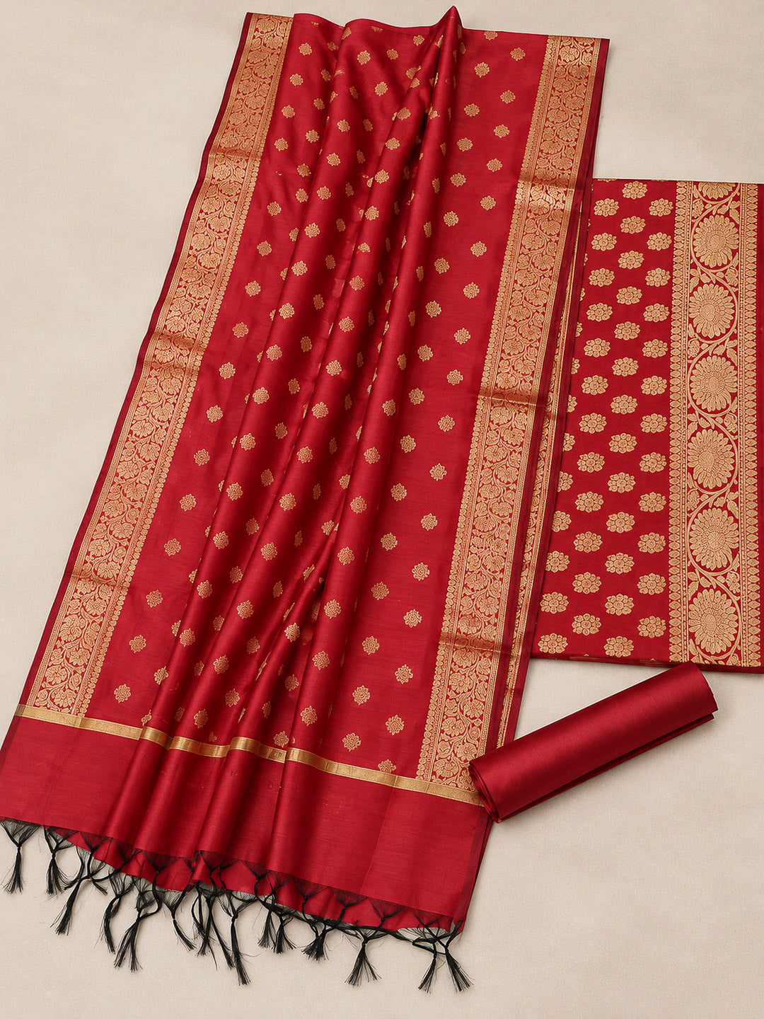 Red Woven Design Banarasi Chanderi Unstitched Dress Material