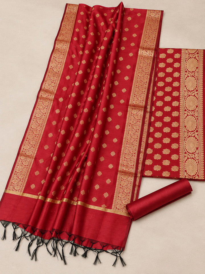 Red Woven Design Banarasi Chanderi Unstitched Dress Material