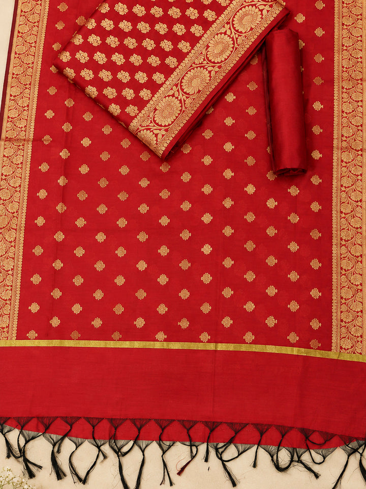 Red Woven Design Banarasi Chanderi Unstitched Dress Material
