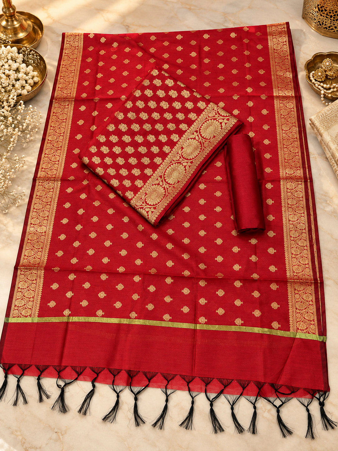 Red Woven Design Banarasi Chanderi Unstitched Dress Material