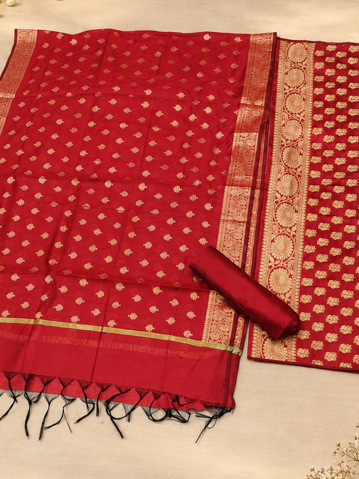 Red Woven Design Banarasi Chanderi Unstitched Dress Material