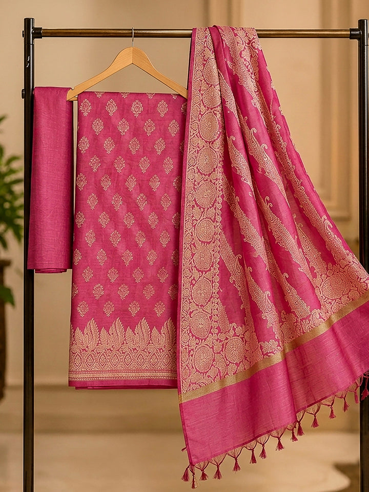 Coral Pink Woven Design Banarasi Chanderi Unstitched Dress Material