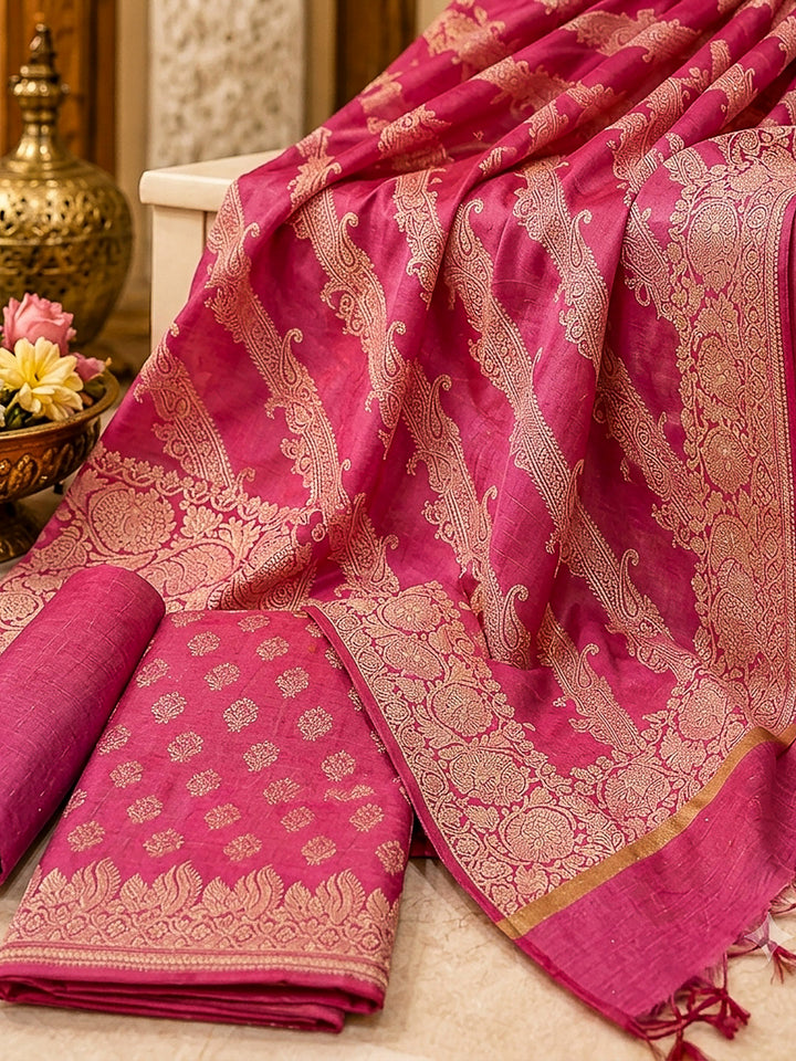 Coral Pink Woven Design Banarasi Chanderi Unstitched Dress Material