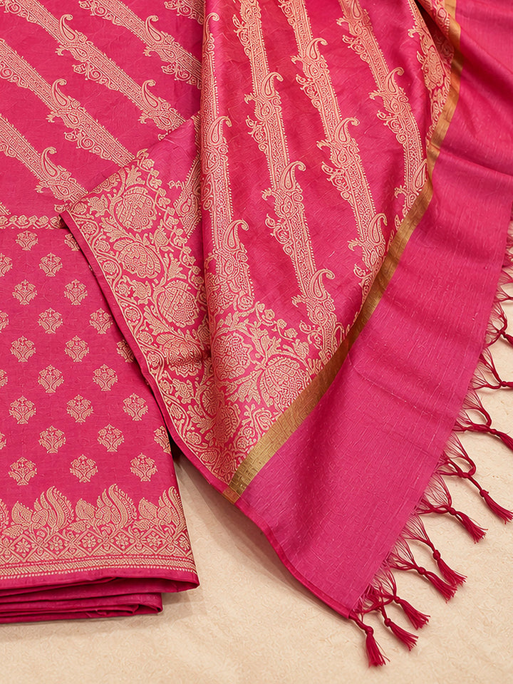 Coral Pink Woven Design Banarasi Chanderi Unstitched Dress Material