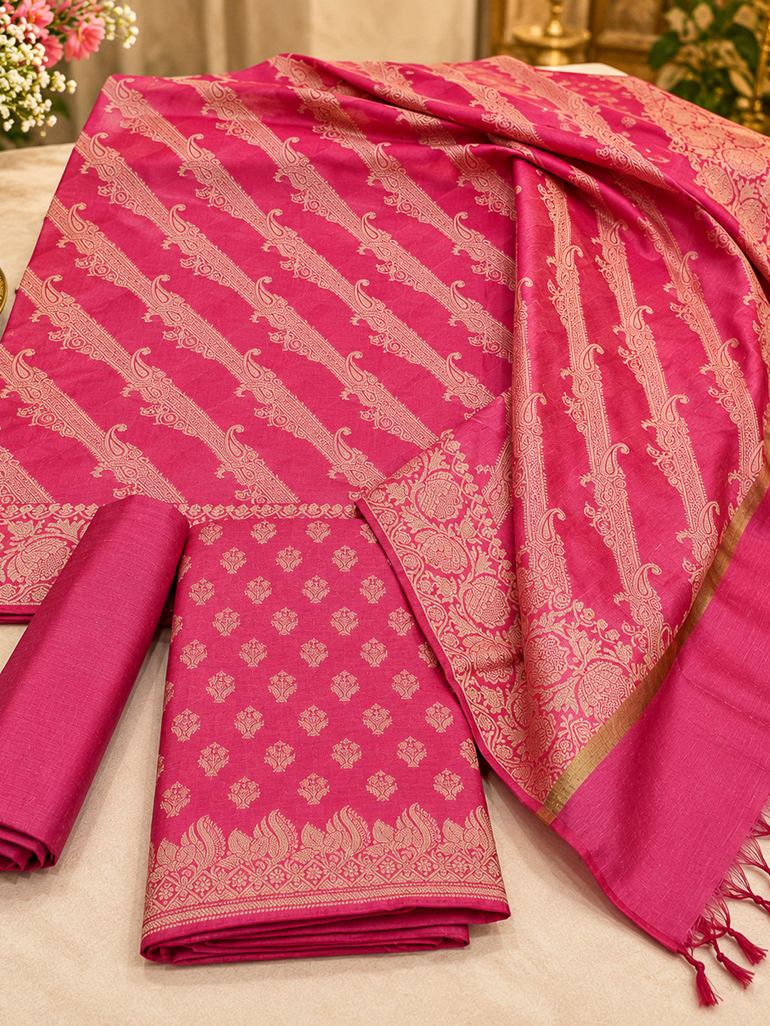 Coral Pink Woven Design Banarasi Chanderi Unstitched Dress Material