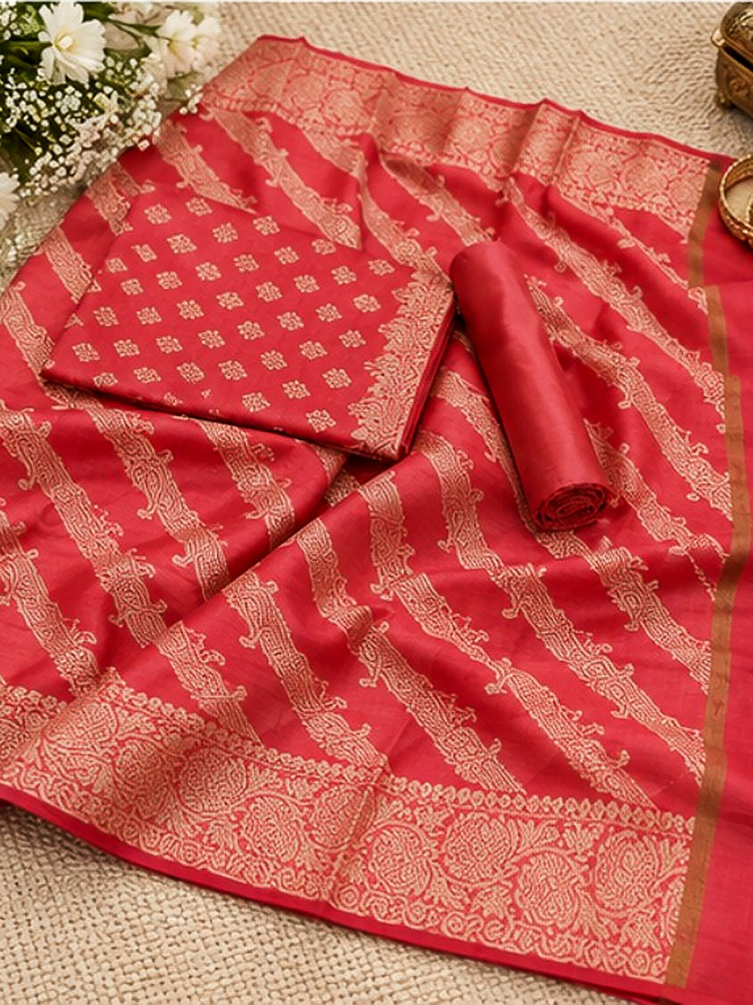 Gazari Woven Design Banarasi Chanderi Unstitched Dress Material